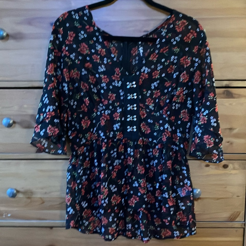 Influence sheer blouse, size 14 UK (10 US, M) black with red floral pattern